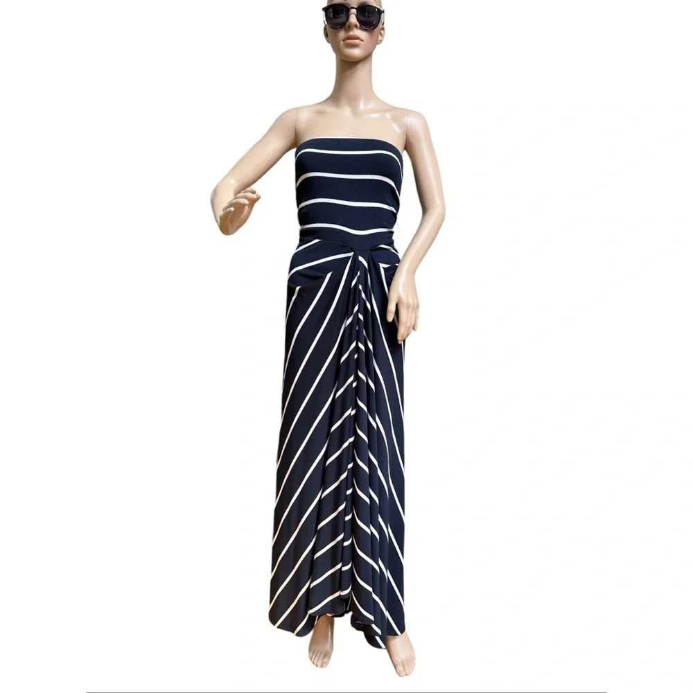 Navy and White Vintage Striped Strapless Maxi A-line Dress, S - Picture 5 of 7